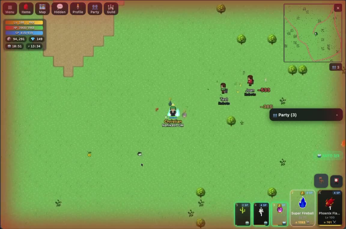 Open world in Nanikado: a party of three players fights monsters in a green meadow, damage numbers flying.